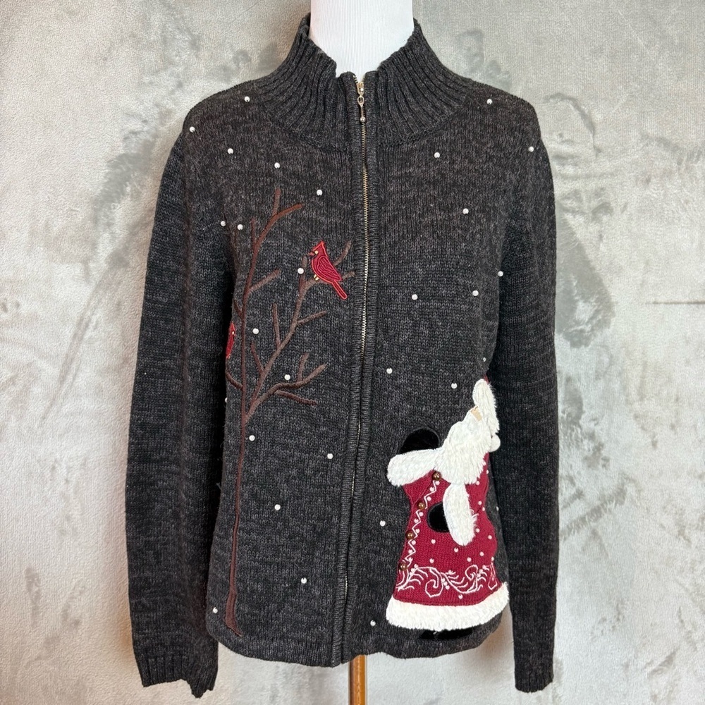 Mandal Bay Festive Christmas Cardigan Zip Sweater Santa and Cardinal Design S